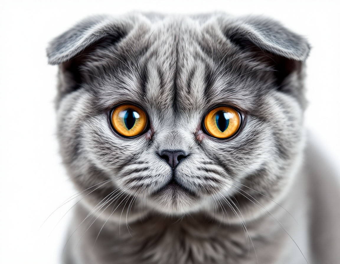 Close-up portrait of cat on a white background, with its alert expression and intricate details of its fur and whiskers in sharp focus.